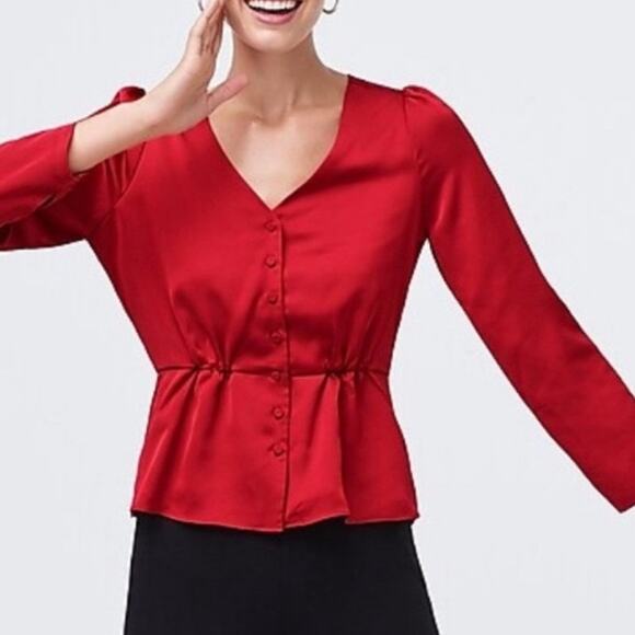 J. Crew Red Satin Peplum Crepe Top button front - Picture 3 of 10